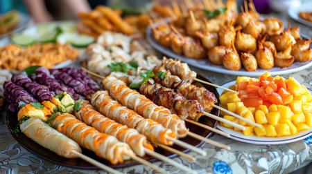 A colorful array of Thai street food including spring rolls, satay skewers, and mango sticky rice, presented on a traditional Thai-style plate.の素材