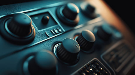A close-up of a car speaker's control panel with knobs and buttons, showcasing the audio settings and features in a well-lit, focused shot.の素材