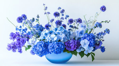 A blue-themed floral arrangement with different shades of blue flowers, creating a harmonious and elegant display with a clean, white background.の素材