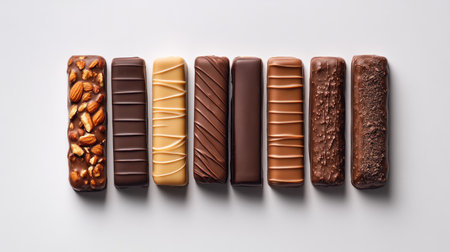 A composition of chocolate bars with various flavors and fillings, such as nuts or caramel, displayed side by side on a white background to showcase their variety.の素材