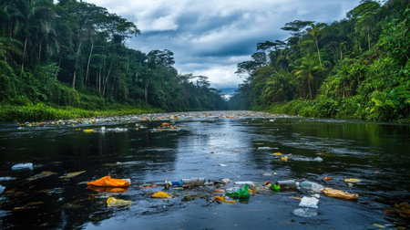 A river with floating plastic bottles, bags, and other debris scattered across the water's surface, with lush green vegetation and a cloudy sky in the background.の素材