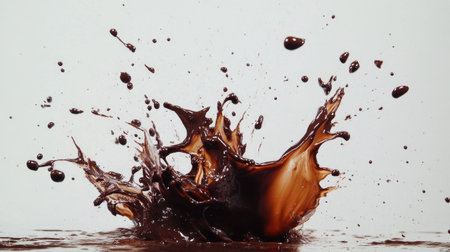 A dramatic shot of a splash of liquid chocolate, with droplets and splatters creating a dynamic and engaging visual effect against a white surface.の素材