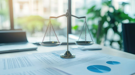 A detailed shot of a legal scale balanced evenly, with a backdrop of legal documents and a courthouse, representing fairness and justice in the legal system.の素材