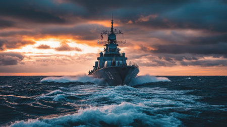 A military battleship cruising through the ocean, with a dramatic, cloudy sky and choppy waves, showcasing its powerful structure and presence at sea.の素材