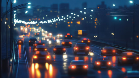 A night scene of city traffic with illuminated car headlights and streetlights, showcasing the bustling activity and visibility challenges in urban environments.の素材
