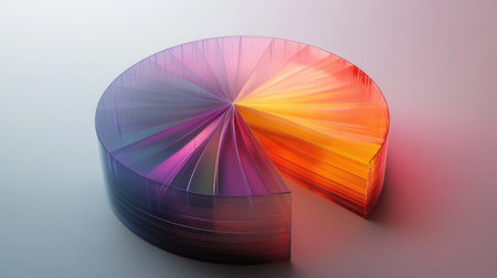 A side view of a D pie chart with segment rotation and a gradient color scheme, illustrating data proportions in a visually engaging manner.の素材