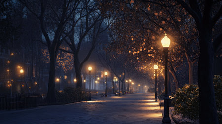 A serene street scene at night with softly glowing street lamps, and trees casting shadows on the pavement, evoking a peaceful and calm nighttime ambiance.の素材