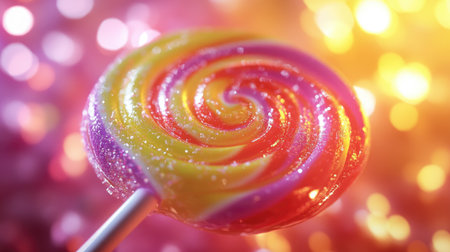 A macro shot of a lollipop with a glossy, textured surface, capturing the details of its swirl and the play of light on its colorful surface.の素材