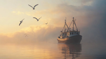 A fishing trawler navigating through calm seas in the early morning, with seagulls flying overhead and the soft glow of sunrise on the horizon.の素材