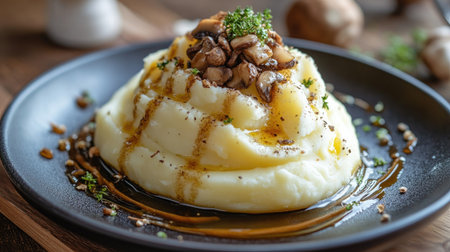 A modern plate of gourmet mashed potatoes served with truffle oil and sauted mushrooms, presenting a refined twist on a classic dish for food enthusiasts.の素材