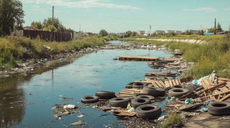 A river with large pieces of debris, such as old tires and wooden pallets, visible on the surface and along the banks, showing the accumulation of various waste materials.の素材