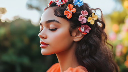 A fashion blogger showcasing a variety of hair clips in a styled photo shoot, featuring different styles and colors to inspire hair accessory choices.の素材