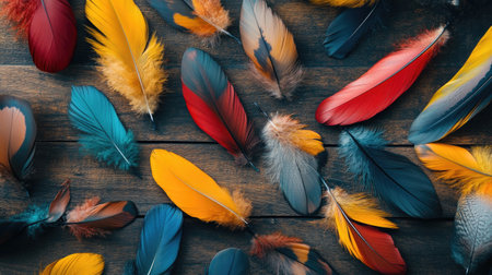 A variety of colorful feathers scattered across a wooden table, showcasing different sizes, shapes, and textures, creating a vibrant and artistic composition.の素材