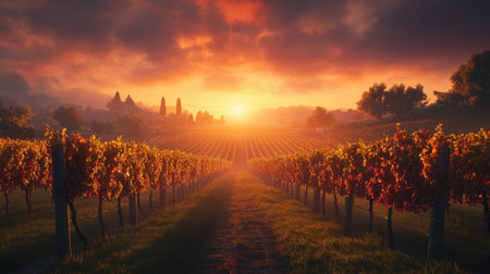 A sunrise over a vineyard with the early morning light highlighting the rows of grapevines and creating a warm, inviting glow across the landscape.の素材