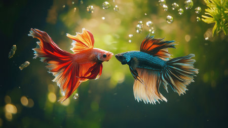 Two male Betta fish engaging in a friendly competition, showcasing their striking colors and elaborate fin displays, emphasizing the natural behaviors of these fascinating creatures.の素材