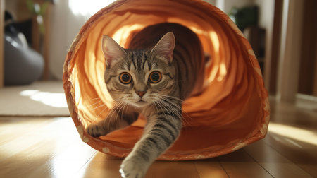 A whimsical photo of a cat darting through a tunnel toy, with a look of excitement on its face and the tunnel creating a fun and interactive play environment.の素材