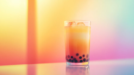 A clear glass of bubble tea set against a bright, colorful background, highlighting the distinct layers of tea, milk, and chewy pearls, creating a visually appealing image.の素材