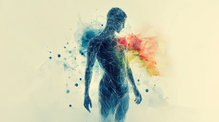 An abstract representation of the human body composed of geometric shapes and lines, symbolizing the connection between science, art, and the complexity of human life.の素材