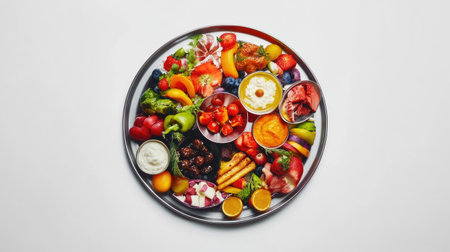 A beautifully arranged Indian thali with vibrant colors and a variety of dishes including pickles, curd, and dessert, served on a stainless steel tray against a clean white background.の素材