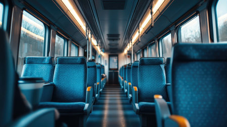 An interior view of a luxurious high-speed train carriage, featuring comfortable seating and large windows, inviting passengers to enjoy the journey.の素材