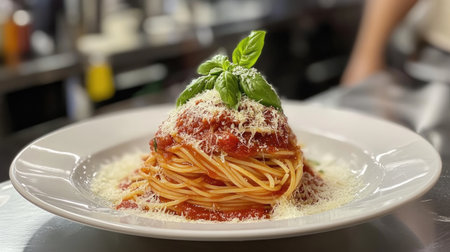 A beautifully plated dish of spaghetti topped with a rich marinara sauce, garnished with fresh basil and grated Parmesan cheese, showcasing the classic Italian comfort food.の素材