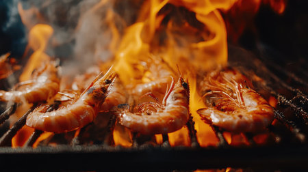 A close-up of grilled shrimp on a barbecue grill with smoky flames and a charred finish, capturing the sizzling and appetizing appearance.の素材