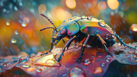 A beetle with iridescent colors sitting on a wet leaf after rain, with droplets reflecting the light, creating a fresh and vibrant nature scene.の素材