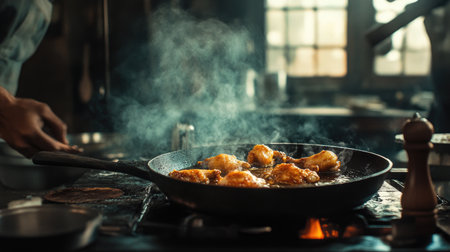 A chef skillfully frying chicken in a traditional kitchen, with oil bubbling in a cast-iron skillet, capturing the art of cooking and the comfort of homemade meals.の素材