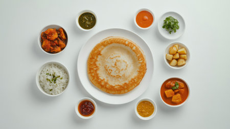 An overhead shot of a dosa on a white plate, with various side dishes like potato filling, chutneys, and sambar arranged around it on a white background.の素材