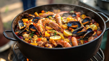 A beautiful outdoor scene of a large pot simmering on a grill, filled with a colorful seafood boil, perfect for family gatherings and summer cookouts.の素材