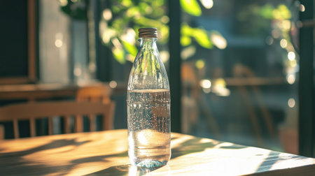 A close-up of a clear water bottle filled with fresh, sparkling water, sitting on a wooden table, with sunlight streaming through a window, creating a refreshing atmosphere.の素材
