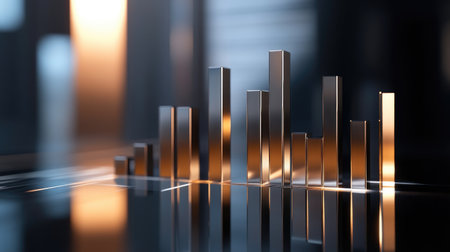 A D bar graph with ascending bars placed on a reflective surface, depicting positive market trends and financial success in a visually impactful manner.の素材