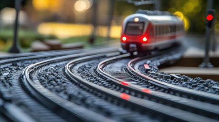 A close-up of the electric train's tracks with the train approaching in the background, focusing on the precision and technology behind modern rail systems.の素材
