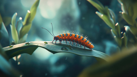 A caterpillar slowly moving across a leaf, its tiny legs gripping the surface as it navigates the natural landscape in its journey to transformation.の素材