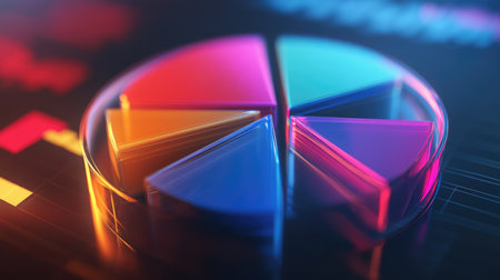 A close-up of a D financial pie chart with bright, transparent segments rotating slowly, highlighting the breakdown of corporate earnings.の素材