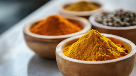 A close-up of colorful spices in small bowls, such as turmeric, cumin, and coriander, representing the essential ingredients that define Indian cooking.の素材
