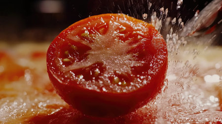 A close-up shot of a juicy tomato being sliced, with droplets of water glistening on its skin, highlighting its freshness and the anticipation of a delicious meal.の素材