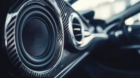 A close-up shot of a high-quality car speaker installed in the door panel, showcasing its sleek design and powerful sound features, set against a stylish car interior.の素材