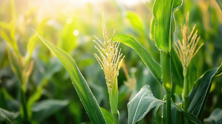 A close-up of dewdrops on corn leaves in the early morning light, capturing the freshness and vitality of a thriving corn garden.の素材