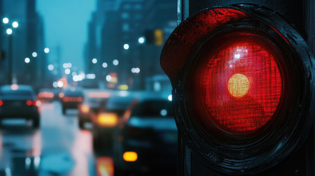 A close-up of a traffic signal changing to red, with vehicles halted in the background, showcasing the intersection of time and traffic management.の素材