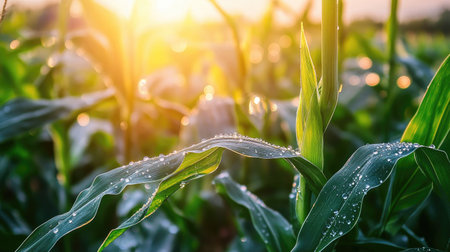 A close-up of dewdrops on corn leaves in the early morning light, capturing the freshness and vitality of a thriving corn garden.の素材