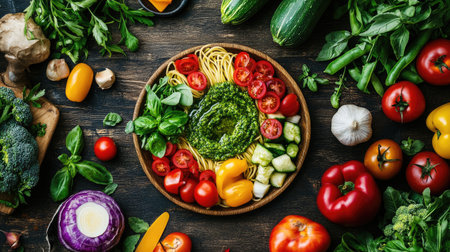 A colorful vegetarian spaghetti dish with an array of seasonal vegetables, drizzled with pesto sauce, highlighting healthy eating and the joy of fresh ingredients.の素材