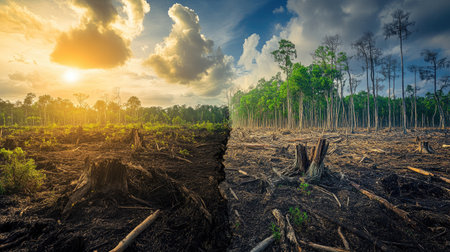 A comparison image showing a lush, green forest next to a deforested area with dead trees and stumps, highlighting the impact of global warming on ecosystems.の素材