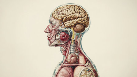 A detailed anatomical illustration of the human body highlighting major organs and systems, showcasing the complexity and beauty of human anatomy for educational purposes.の素材