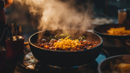 A comforting scene of a warm bowl of chili being served at a cozy gathering, with steam rising and toppings like cheese and sour cream ready for guests.の素材