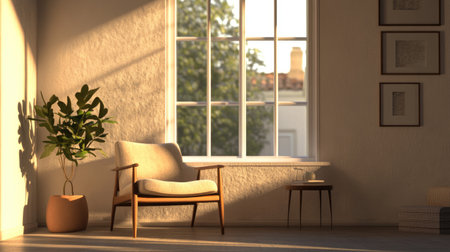 A cozy minimalist reading nook with a comfortable chair, a small side table, and a large window letting in natural light, set against a calm, neutral backdrop.の素材