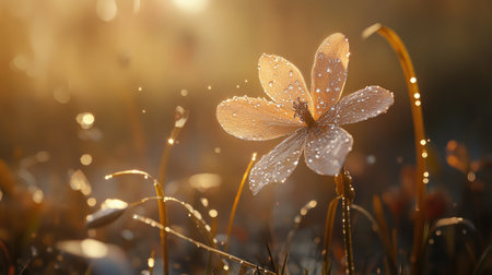 A delicate flower with water droplets on its petals, gently illuminated by soft sunlight, creating a serene and tranquil scene.の素材