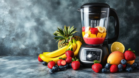 A colorful arrangement of various fruits including strawberries, mangoes, and bananas next to a blender, illustrating the preparation of a delicious fruit smoothie.の素材