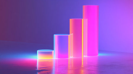 A futuristic D bar graph with glowing edges and vibrant colors, set in a digital environment, representing advanced analytics and data visualization.の素材