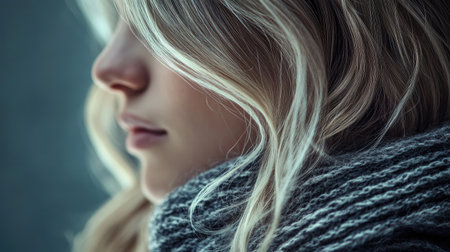 A detailed view of a woman's hair with beautiful highlights and layers, showcasing the texture and dimension achieved through professional coloring techniques.の素材